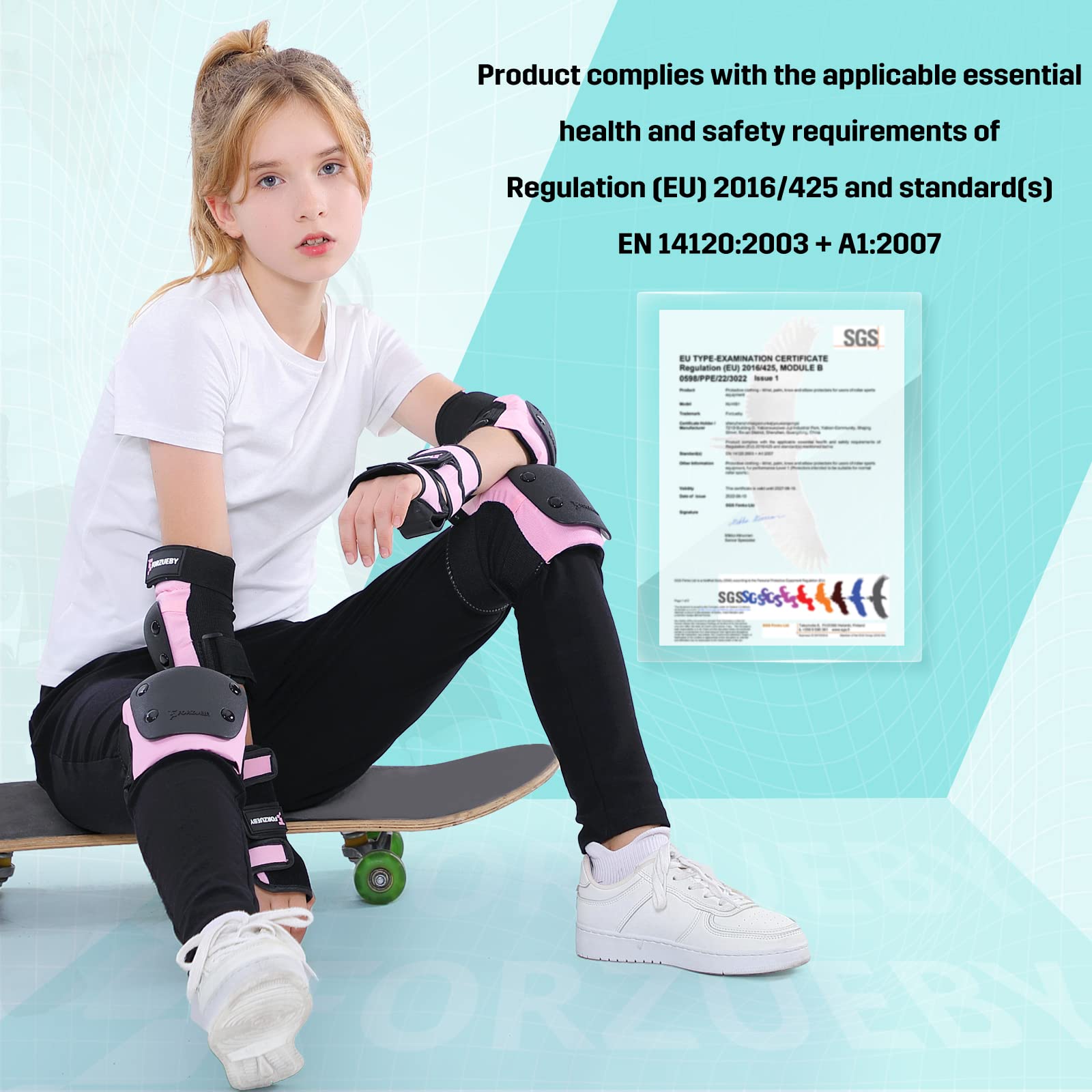 Forzueby Adult/Kids Knee Pads Elbow Pads Wrist Guards 6 in 1 Protective Gear Set for Inline Roller Skating Skateboarding Scooter BMX etc.