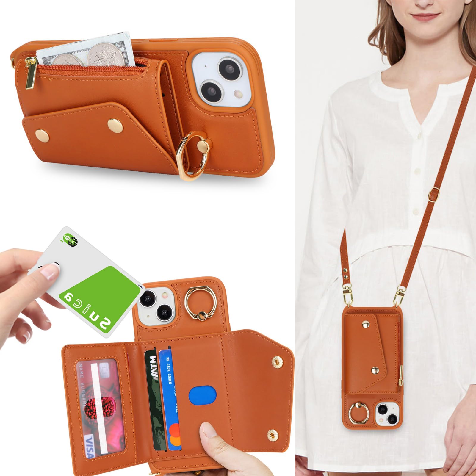 Zouzt for iPhone 15 Case with Card Holder and Strap, Card Slots Zipper Wallet Phone Case PU Leather Crossbody Lanyard Drop Protection Cover for iPhone 15 6.1 inch - Brown