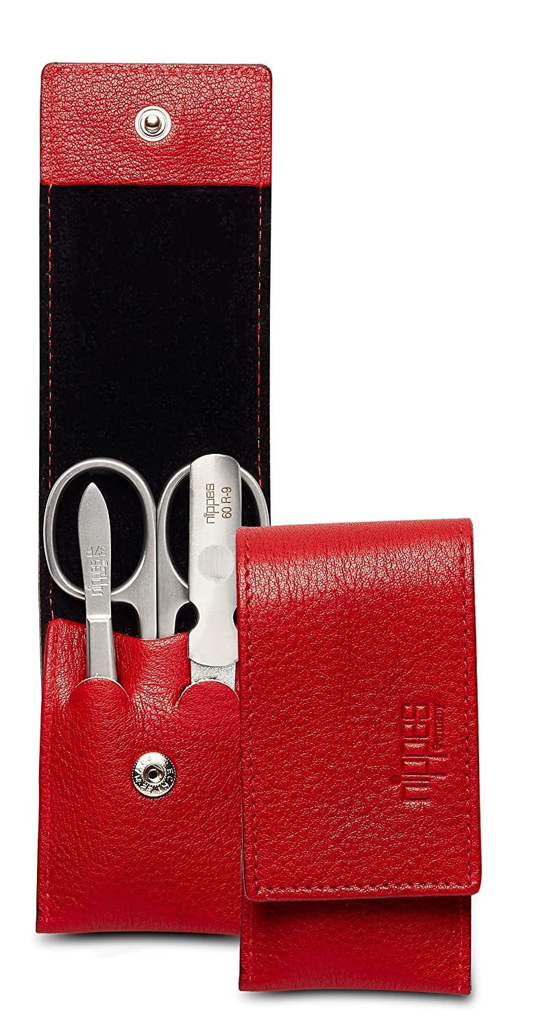 Nippes Solingen Manicure Set Wild Red 3-Piece Stainless Steel Rust- and Nickel Genuine Cowhide Leather Case with Press Stud Nippes Premium Line Red