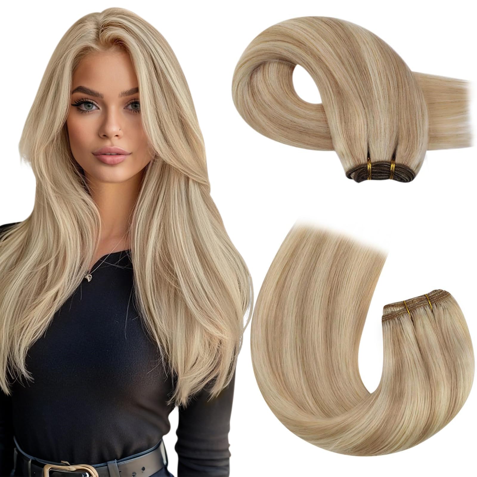 Moresoo Weft Hair Extensions Real Human Hair Blonde Sew in Extensions Human Hair Dark Ash Blonde Highlighted with Golden Blonde Double Weft Hair Extensions 100G/Pack 16 inch #P16/22 — image 1