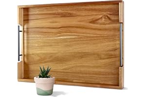 OurMiao 22 Inches Acacia Wood Serving Tray with Metal Handles, Large Wooden Rectangle Ottoman Tray, Decorative and Durable De