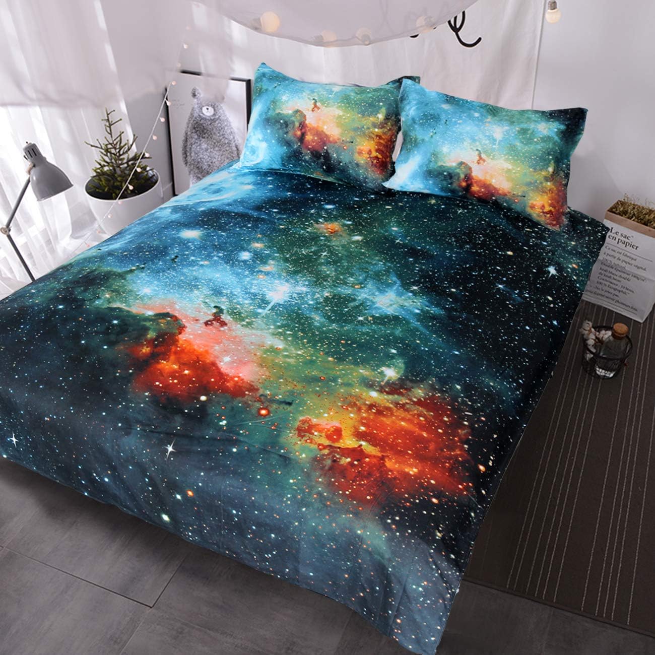 BlessLivingGalaxy Bedding Kids Boys Girls Outer Space Bedding Sets 3 Piece Red Blue Green Nebula Duvet Cover Universe Bed Set (Single)