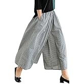 chouyatou Women's Cotton Linen Pants Elastic Waist Plaid Gingham Wide Leg Capri Palazzo Pants