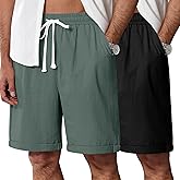 Ficerd 2 Pack Men's Linen Shorts Casual Elastic Waist Drawstring Stretch Summer Beach Vacation Wear with Pockets