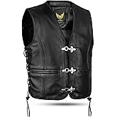 Leatherick Black Genuine Leather Motorcycle Waistcoat | Braided Biker Vest with Fish Hook Buckle and Adjustable Sides