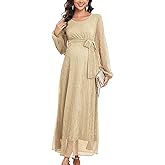 CYCLAMEN 2025 Maternity Sparkly Mesh Maxi Dress Long Sleeves Long Flowy Pregnant Dress with Belt Baby Shower Formal