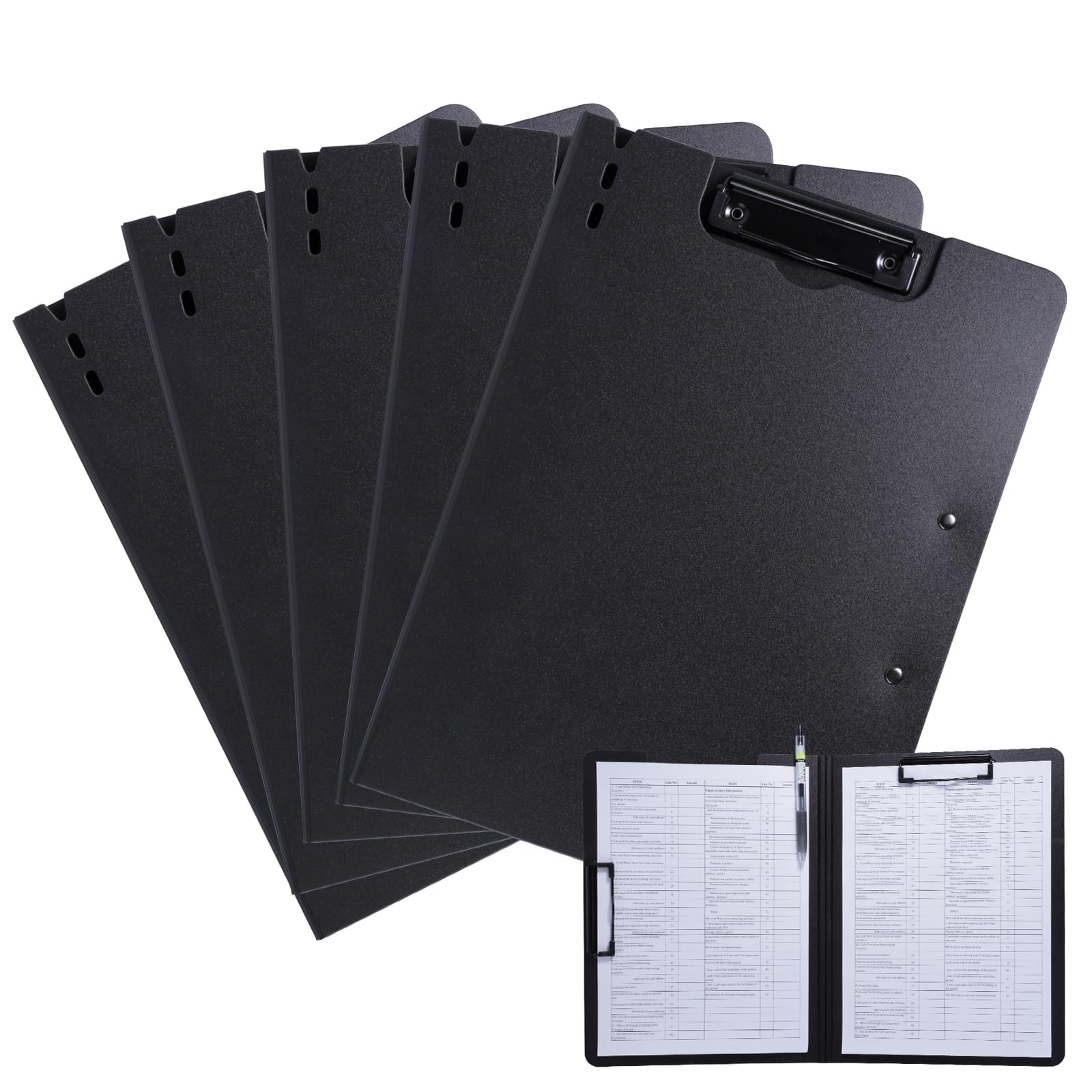 FRETONBA Clipboard A4 with Double Clips, 5 Pieces Foldover Clip Board with Cover, Plastic Document Folder, Lightweight Personal Organiser Suitable for School, Office, Industry, Black