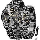 OLEVS Valentines Couple Pair Quartz Watches Luminous Calendar Date Window 3ATM Waterproof, Casual Stainless Steel His and Hers Wristwatch for Men Women Lovers Wedding Romantic Gifts Set of 2