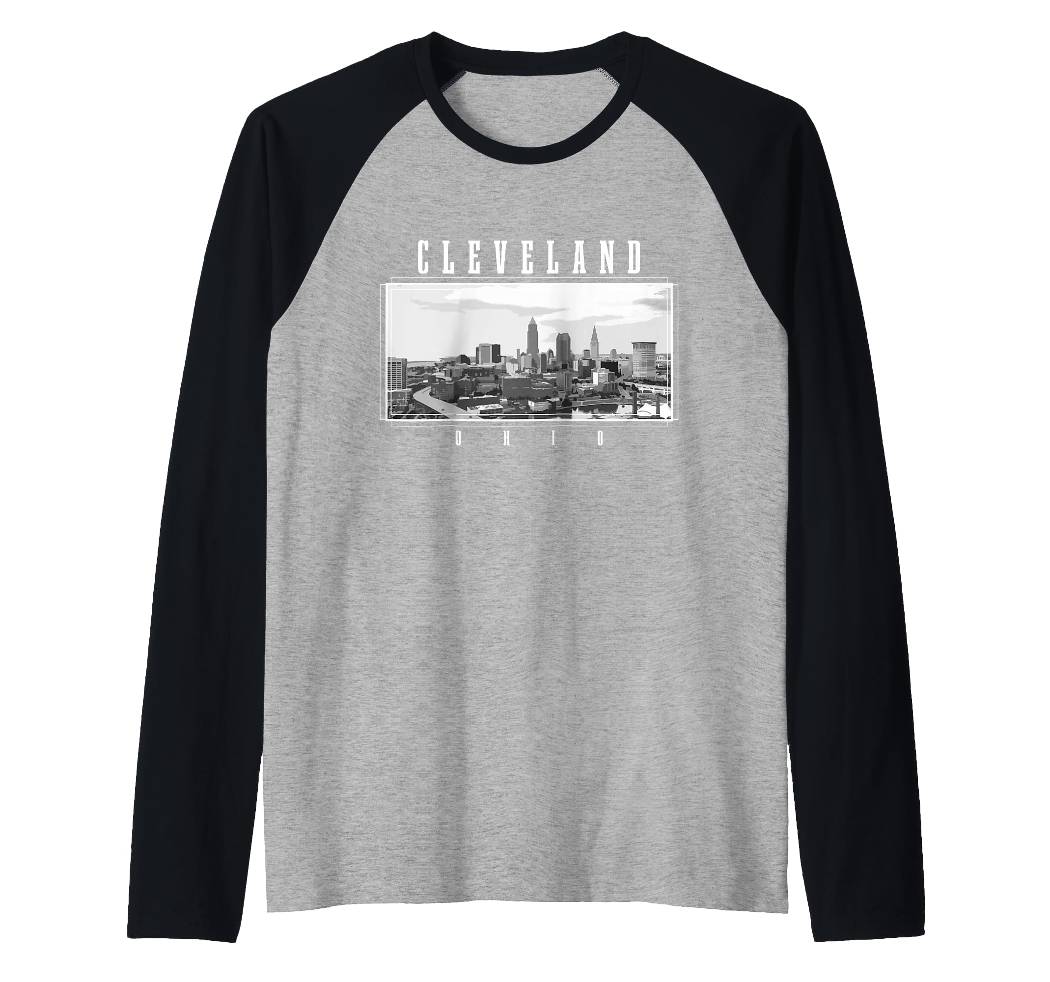 Cleveland Ohio Skyline Pride Black & White Vintage Cleveland Raglan Baseball Tee