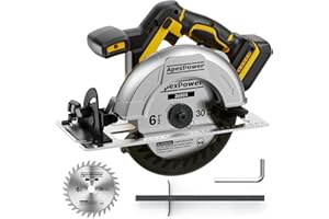 APEXPOWER Brushless Cordless Circular Saw, for DeWalt 20V Max Battery, 6-1/2 Inch Aluminum Alloy Blade, 8000 RPM, 6.2 Lbs Lightweight, Cutting Depth 2-1/5" (90°), 0-90° Bevel, Hex Wrench, Rip Guide for Wood PVC