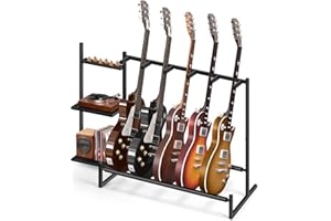 Shinoske Multi-Guitar Rack, Guitar Stand, Guitar Holder for 5 String Instruments,Suitable for Bass, Banjo,Acoustic Guitar Display Stand with 3-tier Side Shelves for Amp & Record Player,Studio Home