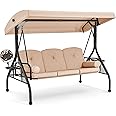 HOMREST 3 Seat Outdoor Porch Swing with Adjustable Canopy, Convertible Patio Swing Bed with Stand, Patio Glider Swing with Upgraded Cup Holder, Thicken Cushions ＆ Pillow for Backyard(Khaki)