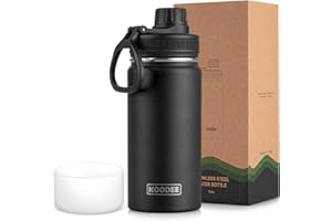 koodee 16 oz Water Bottle Stainless Steel Double Wall Vacuum Insulated Water Bottle for School Wide Mouth Sports Bottle with Leakproof Spout Lid (Black)