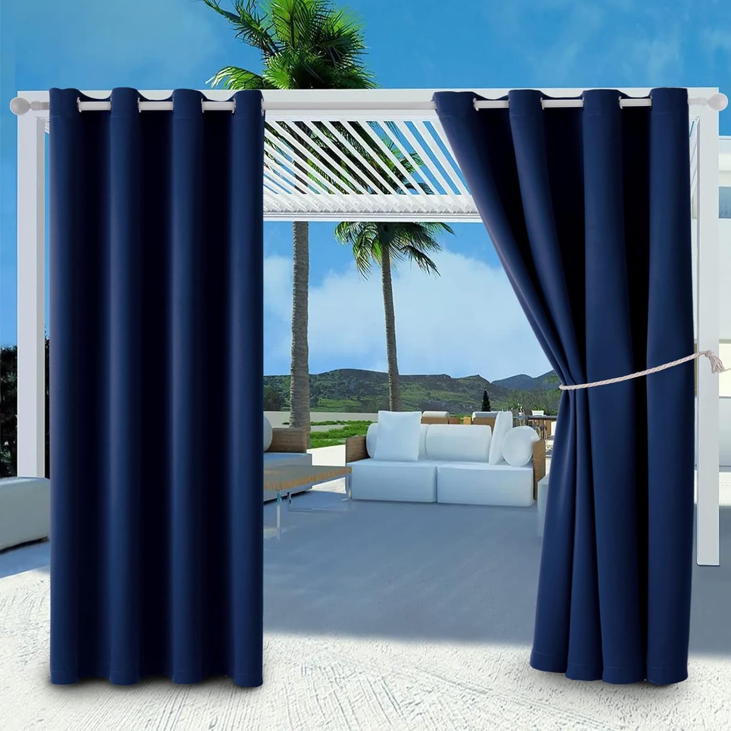 Outdoor Curtains - DIVA EN CAMINO DEC Outdoor Patio Curtain Waterproof Darkening Thermal Insulated Indoor Curtains for Bedroom, Porch, Living Room, Pergola, Cabana, W52 x L95, Navy, Set of 2 Panels