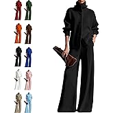 Women's Cozy Cardigan Sweater and Pants Two-Piece Set, Casual Mockneck Sweatshirt Wide Leg Pant Knit Suits