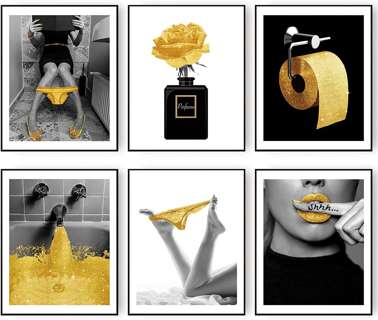MKHFUW Bathroom Poster of Modern Women, Fashionable Bathroom Wall Decoration, 6-Piece Set, Bathroom Art, Frameless (Golden-1.30 x 40 cm x 6)
