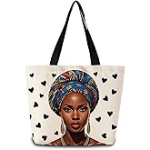 ZhuVantrix African American Tote Bag Reusable Grocery Bags Aesthetic Shopping Shoulder Handbag with Interior Zipper Pocket Stylish Heart Black Lady Present for Women