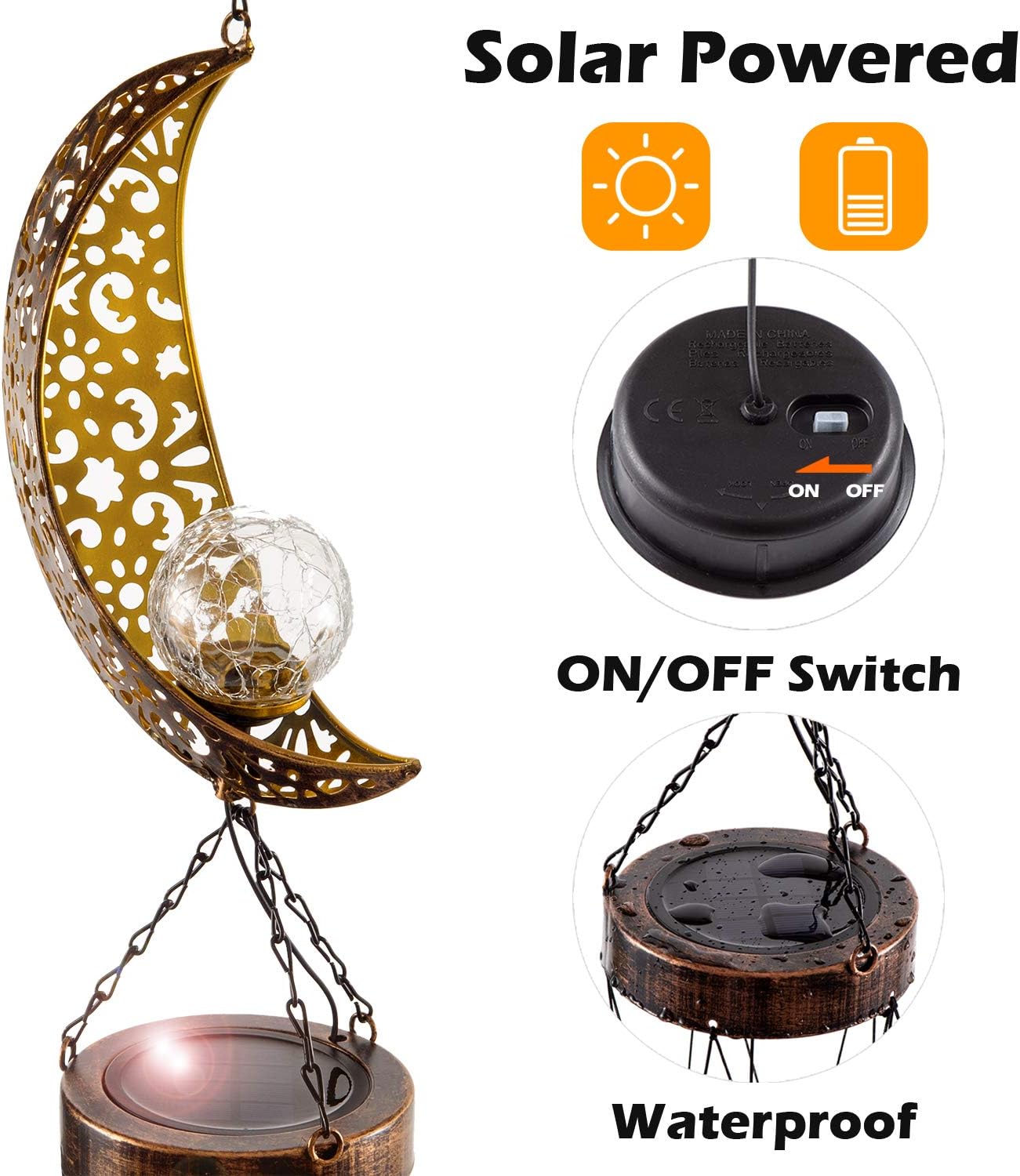 LeiDrail Solar Wind Chimes for Outside Hanging Outdoor Decor Moon Crackle Glass Ball Warm LED Light Sympathy Wind Chime Unique Memorial Gift with Metal Tubes Waterproof for Garden Yard Patio Lawn : Garden & Outdoor