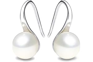 PEARLADA 925 Sterling Silver Hoop Handpicked AAA+ Quality 7.5-8mm White Freshwater Cultured Pearl Dangle Drop Earrings Jewelry for Women