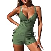 ZAFUL Women's 2025 Tankini Swimsuits Ruched Top Two Piece Tummy Control V Neck Bathing Suits with Short