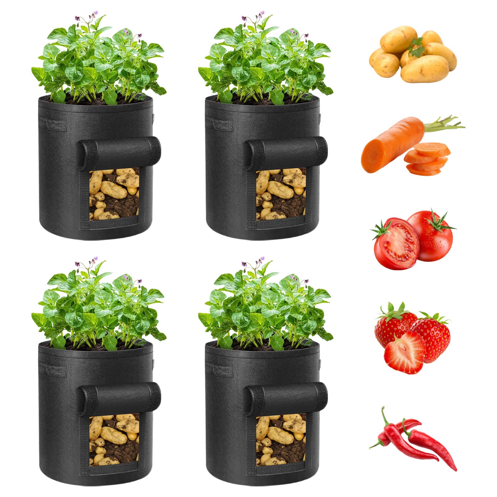 Ohiyoo Potato Grow Bags 4 Pack 10 Gallon Potato Growing Bags, Nonwoven Fabric Pots with Handles and Window Flap, Potato Planter Vegetable Growing Containers for Potato Tomato Carrot Onion (Black)