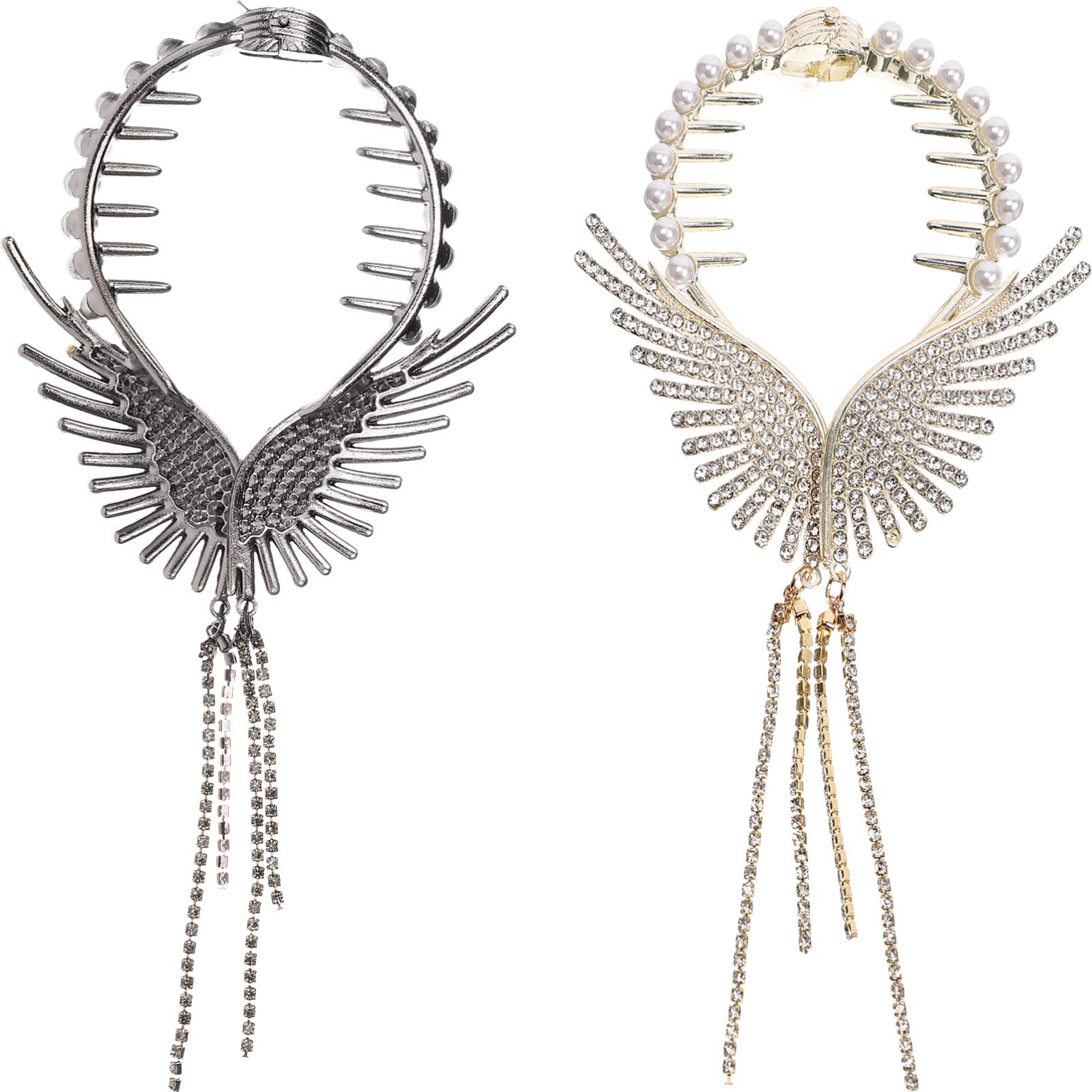 FRCOLOR Gold Hair Accessories Rhinestone Ponytail Buckle Hairpin 2pcs Pearl Hair Claw Clips with Tassel Angel Wings Bun Cover Glitter Diamond Ponytail Holder for Thick Hair Pearl Hair Clip