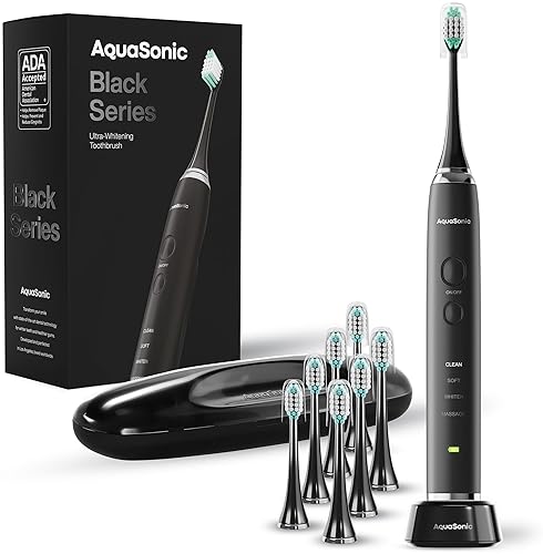Beauty & Personal Care - Aquasonic Black Series Ultra Whitening Toothbrush – ADA Accepted Electric Toothbrush- 8 Brush Heads & Travel Case – 40,000 VPM Electric Motor & Wireless Charging - 4 Modes w Smart Timer