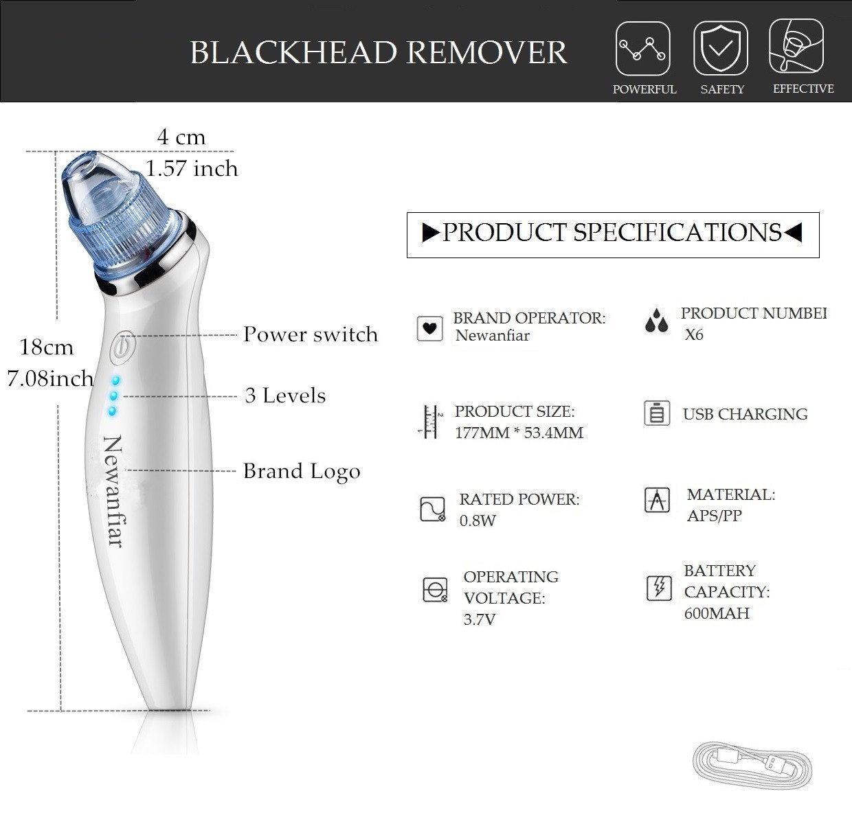 Goodsky Limpiador eléctrico de puntos negros y espinillas, portátil, - para la belleza y el cuidado de la piel / 5 cabezales intercambiables / carga de USB (color blanco)