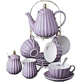 Jusalpha Fine China 8 OZ Purple Coffee Cup/Teacup, Saucer, Spoons, Teapot and Creamer Set, 17-Pieces (FD-TW17PC Set, Purple)