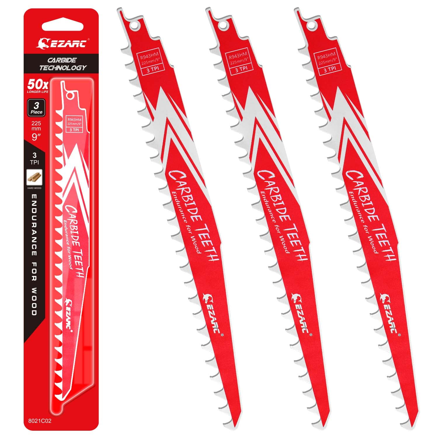 EZARC Carbide Reciprocating Saw Blade R943HM Endurance for Hard Wood 225mm 3TPI, 3-Pack