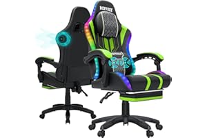 HOFFREE Led Gaming Chair Massage with Speakers Big and Tall Video Game Chair with Footrest for 400lbs Reclining High Back Computer Desk Chair Green and Black