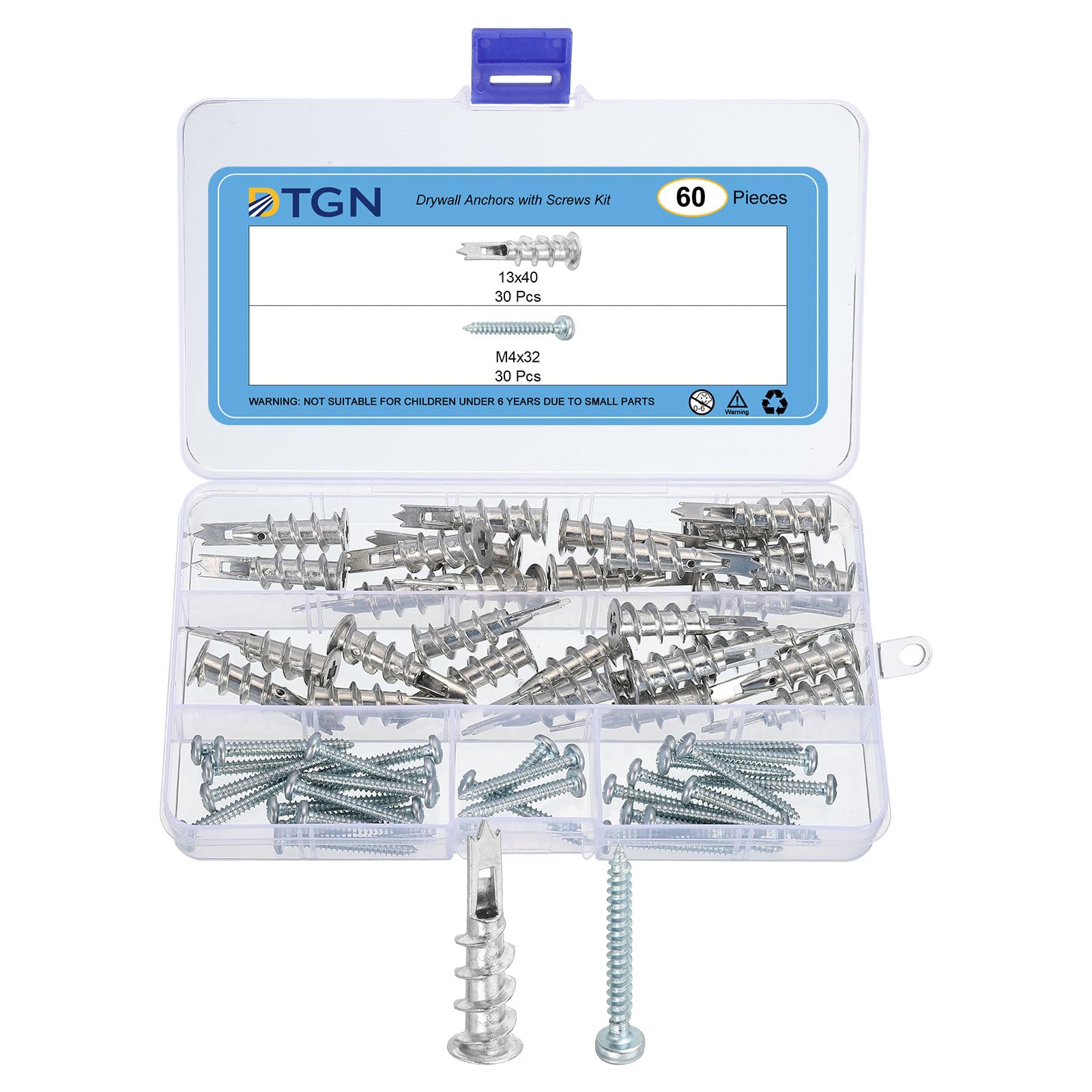 DTGN 13x42mm Self-Drilling Drywall Anchors with Screws Kit - 30 Set - Good for Concrete Tile Cement - Zinc Alloy Hollow Wall Anchors Kit with Screws