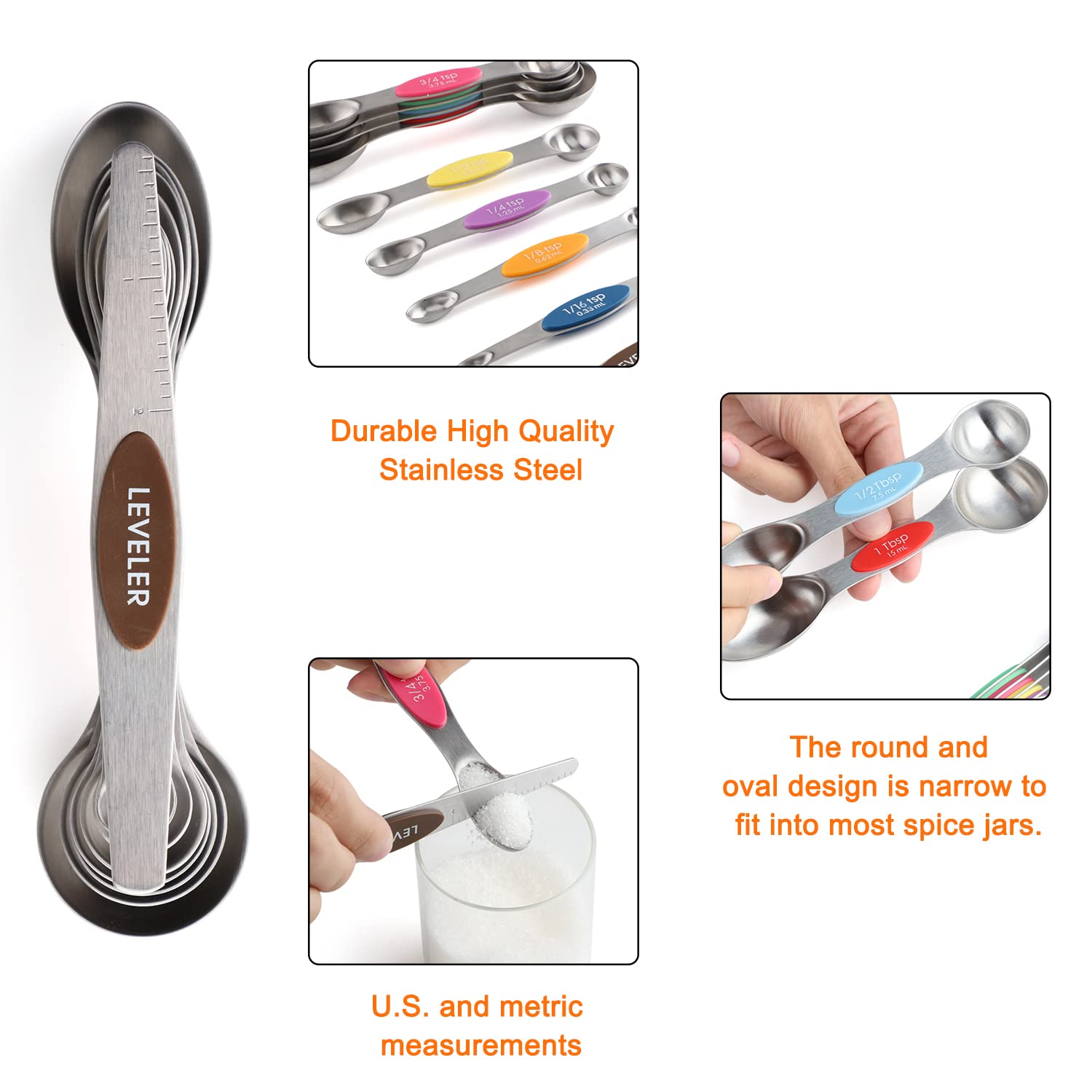 Magnetic Measuring Cups and Spoons Set of 16 Including 7 Stainless Steel Stackable Magnetic Measuring Cup 8 Magnetic Measuring Spoon with Leveler for Measuring Dry Liquid Ingredient