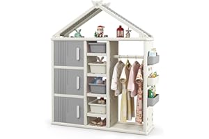 Costzon Kids Costume Storage Closet, Children Pretend Dresser Wardrobe, Open Hanging Armoire Closet with Storage Bins, Shelve