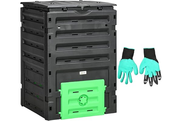 Outsunny Compost Bin, 120 Gallon (450L) Garden Composter with Gloves, 80 Vents and 2 Sliding Doors, Lightweight & Sturdy, Fas