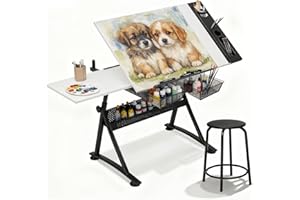 Magshion Drafting Table with Stool, Height & Angle Adjustable Wooden Tabletop Art Desk for Painters Architects Designers Home Office, Portable Drawing Table with 2 Storage Drawers (White)