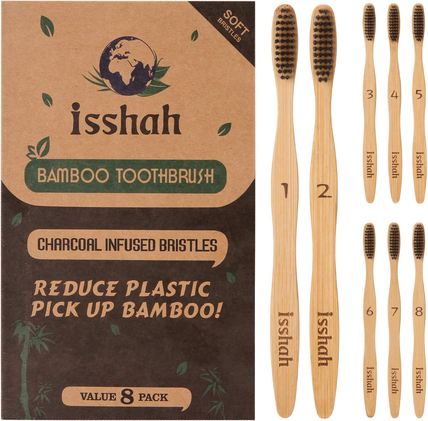 Isshah Biodegradable Organic Charcoal Infused BPA Free Bristles Natural Bamboo Toothbrush(Ultra Soft Bristles), Pack of 8