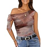 Pink Queen Women Summer Mesh Sheer Tops Self Tie Off The Shoulder Sexy Going Out T Shirts Blouse 2026
