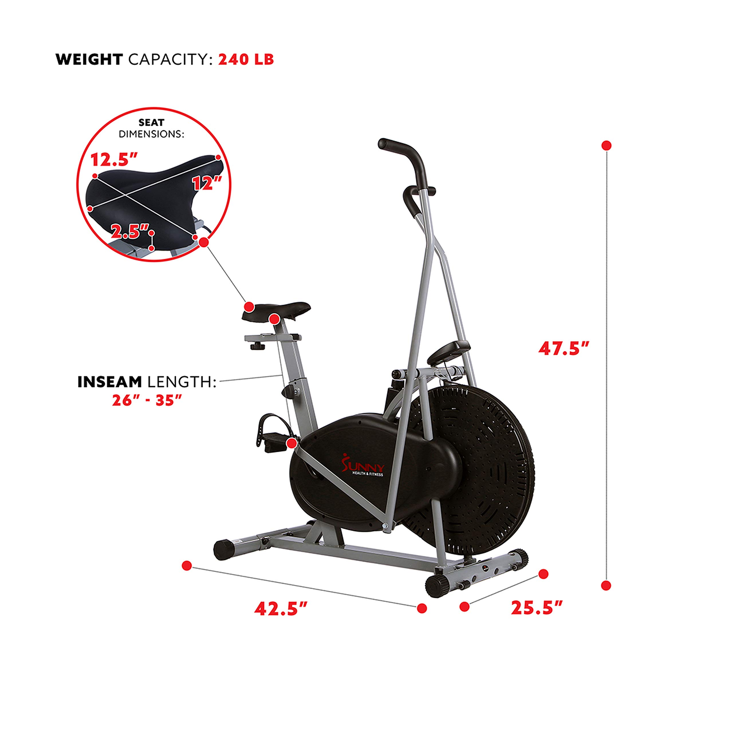 Sunny Health & Fitness Air Bike Fan Exercise Bike with Digital Monitor, Full Motion Arm Exercisers, and Adjustable Seat