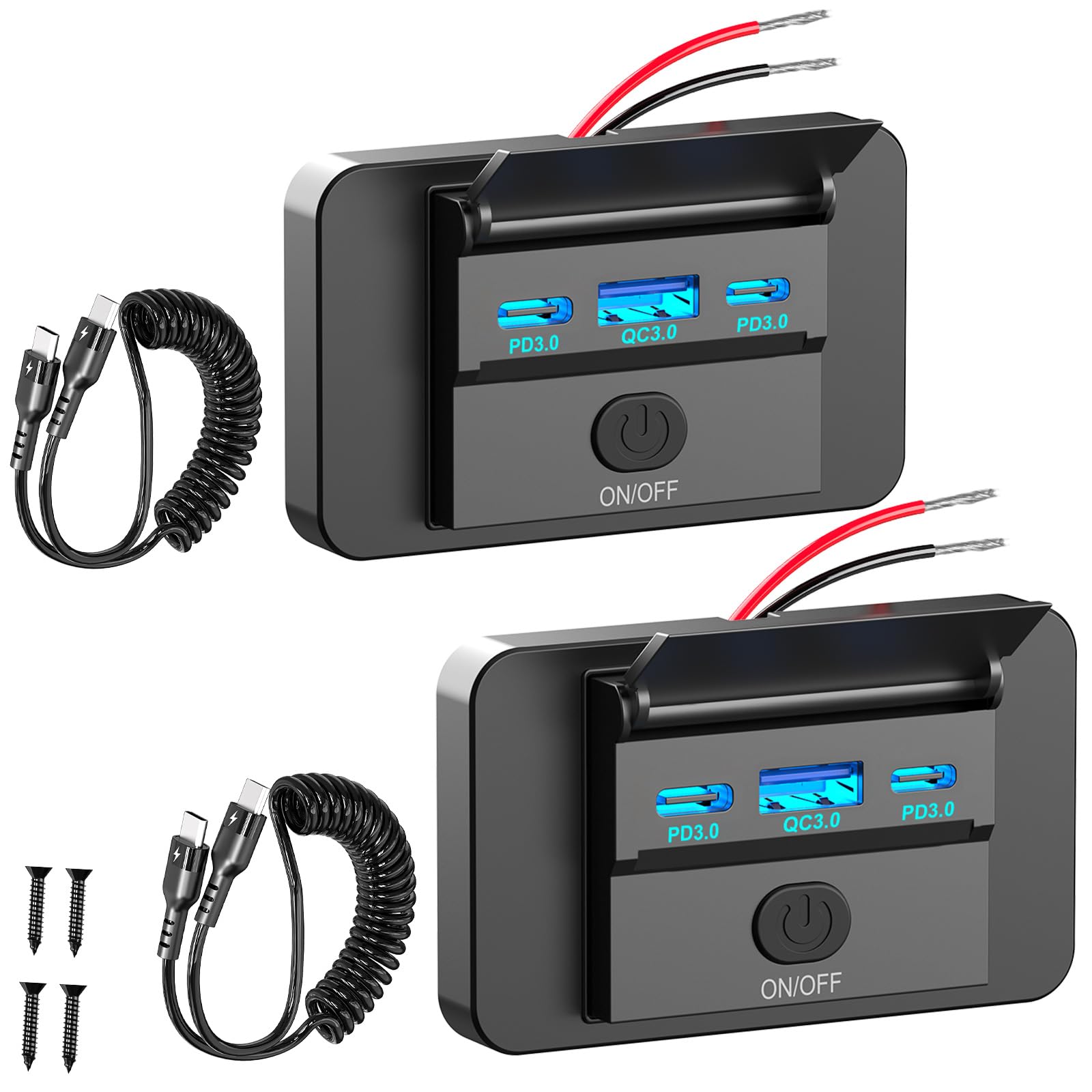 2 Pack 90W 12 Volt USB Outlet Panel Wall Mount Ouffun Dual 36W PD & QC3.0 18W Car USB Port Charger Socket with Dual 65W USB C Cable for Car Bus RV Truck