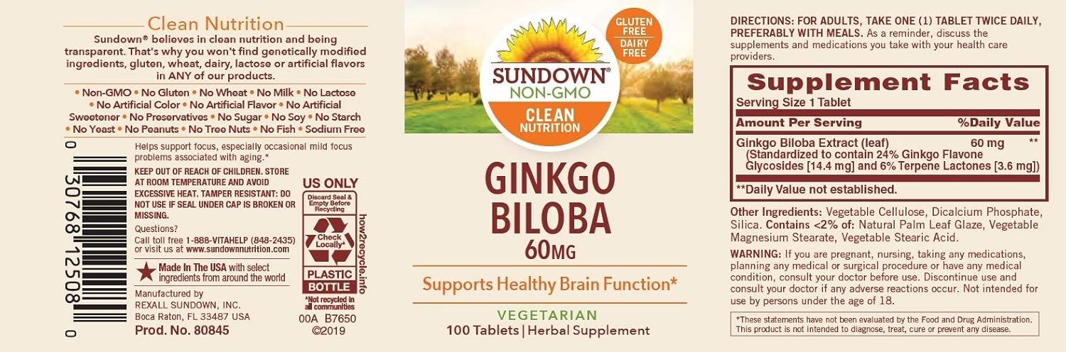 Sundown Ginkgo Biloba Standardized Extract 60 mg, 100 Tablets: Health & Personal Care
