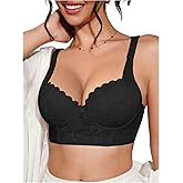 OYOANGLE Women's Floral Lace Underwire Plunge Bra Scallop Trim Bralette Push Up Lingerie Top