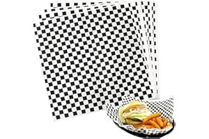 100 PCS Greaseproof Paper Sheets for Food, 9.8×9.8in Food Grade Wrap Paper, Black Checkered Basket Liners Waterproof Wax Pape