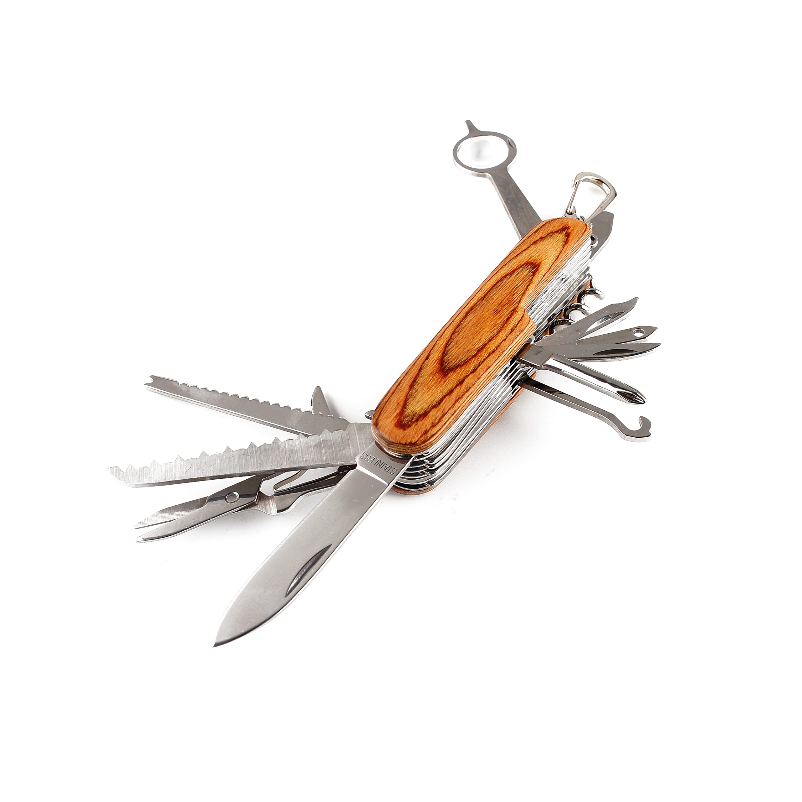 Swiss Style Wooden Handled Multitool with 20 Different Functions Including Saw & UK Legal Blade