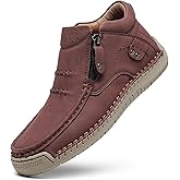 BOEGBNW Women Leather Handmade Ankle Boots With Side Zippe Casual Lightweight Mid Top Hiking Loafers Comfortable Non-Slip Driving Walking Shoes