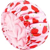 Shower Cap for Women Terry Lined Bath Cap Large Reusable Waterproof Elastic Band Pink Strawberry Shower Caps for Long Thick Hair Soft Bath Shower Hair Caps