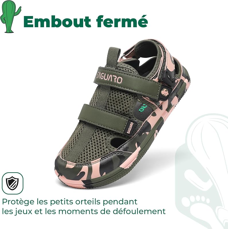 Sandales Garçon D’Été à Bout Fermé Sandales Barefoot Décontractées pour Parc, Camping, Maternelle & Plage, Vert Militaire 35