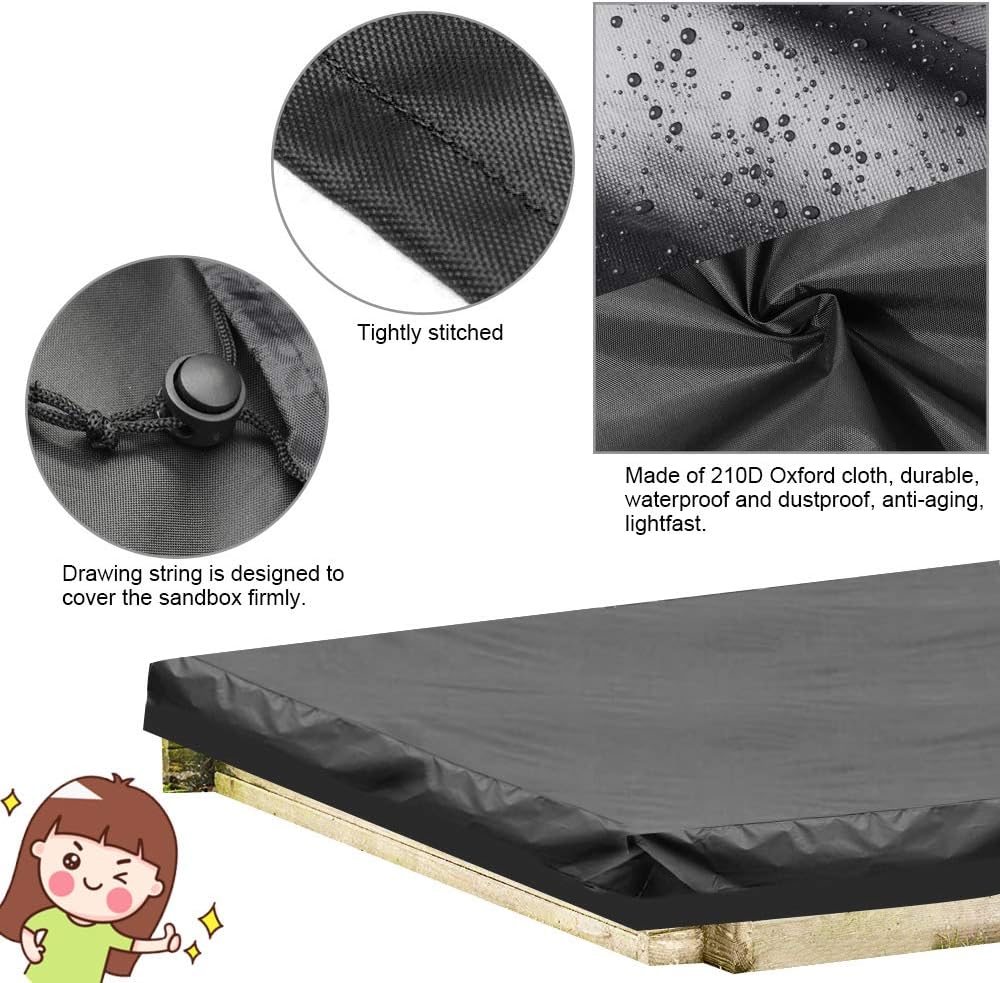 PERFETSELL Sandbox Cover Square Waterproof Sand Pit Cover Dustproof Protection 120x120cm Sandpit Pool Covers Black Sandbox Canopy with Drawstring Avoid the Sand and Toys Contamination - Image 4