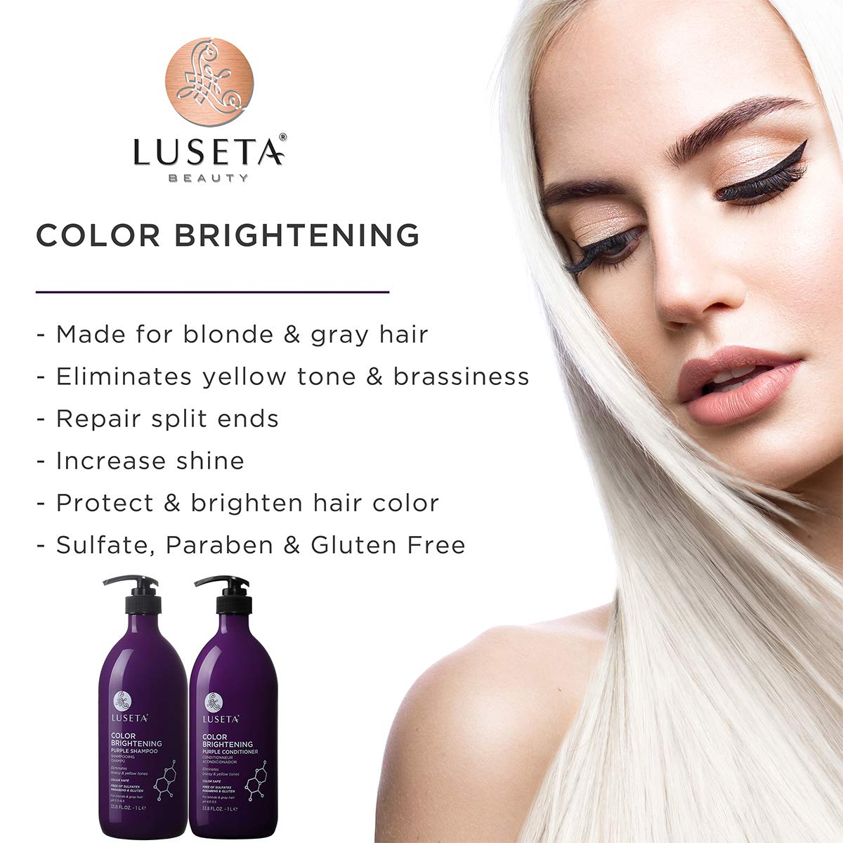 Luseta Purple Shampoo for Blonde, Grey, Color Treated and Women's Hair - 33.8oz, Sulfate & Paraben Free, Best for Curly and Damaged Hair