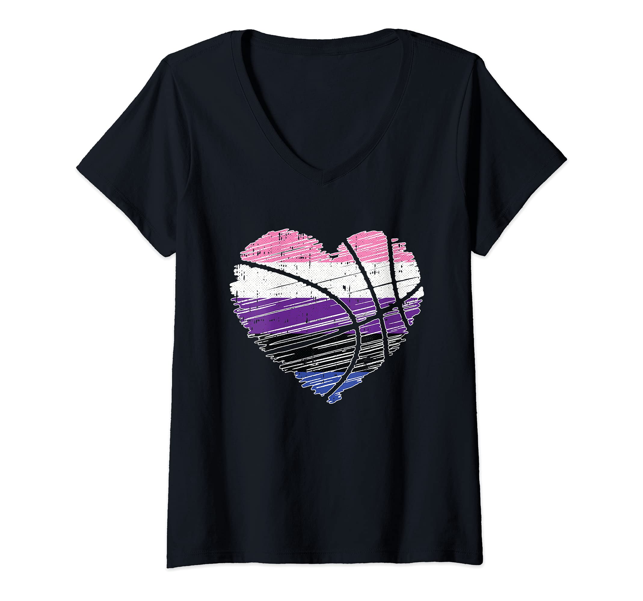 Womens Basket-Ball Heart Gender-fluid Pride Cool Sport LGBT-Q Ally V-Neck T-Shirt